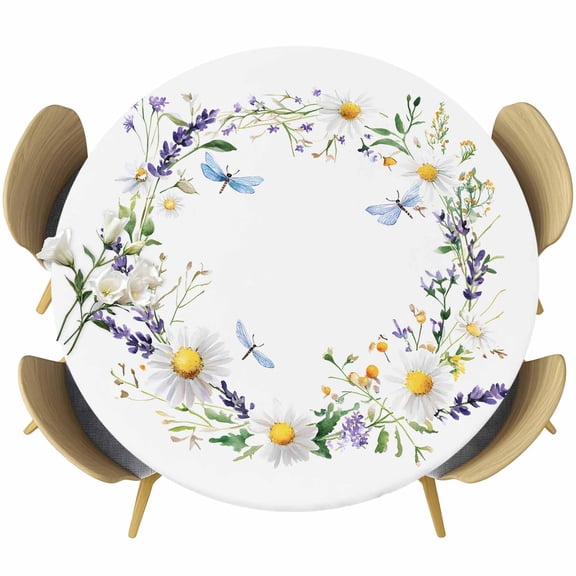 Daisy Lavender Round Tablecloth 45-54 Inch Round Fitted Table Cloth with Elastic Edge, White Purple Botanical Flower Garden Leaf Waterproof Table Cover Protector for Outdoor Picnic Party Dining