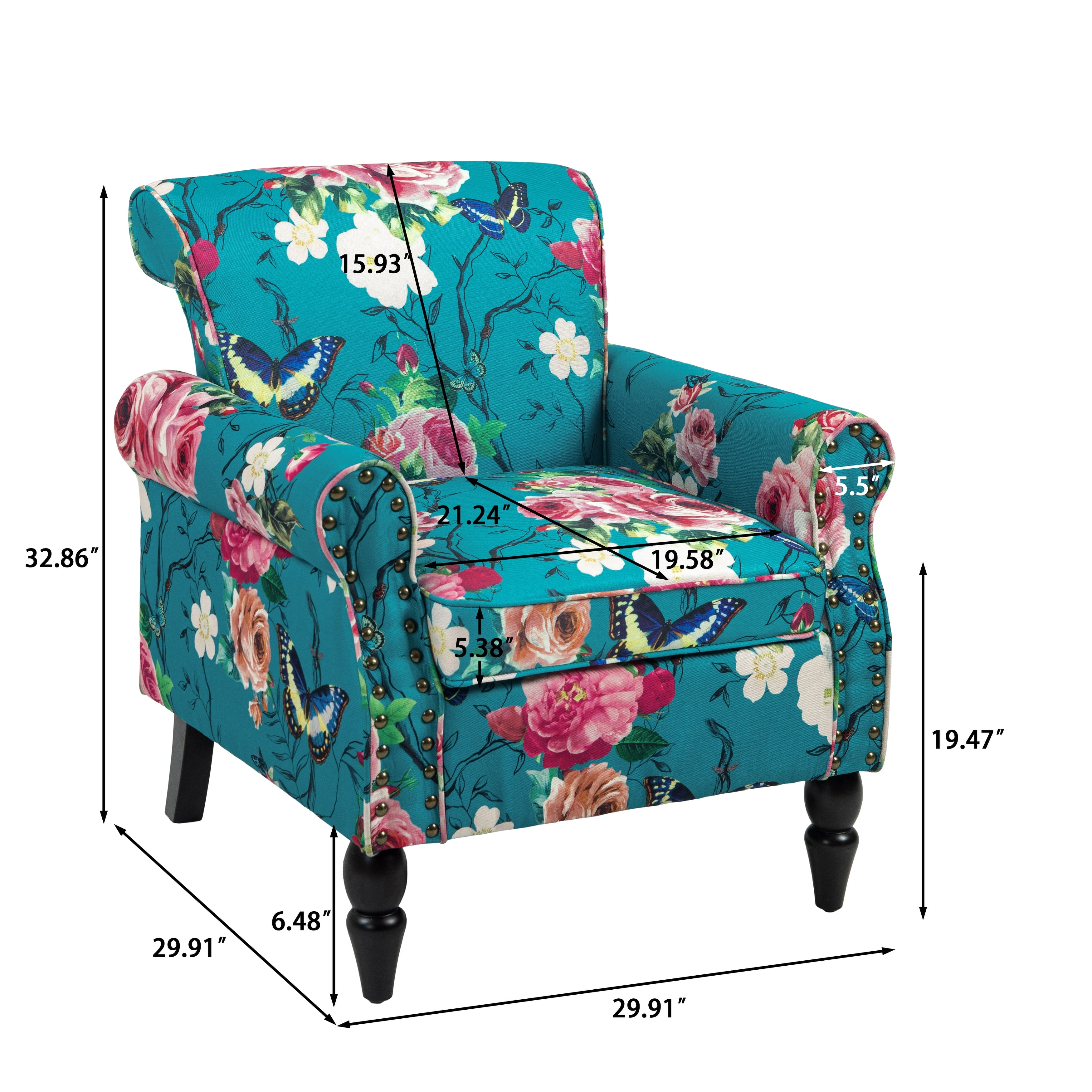 Blue Floral Barrel Accent Chair with Manufactured Wood Frame