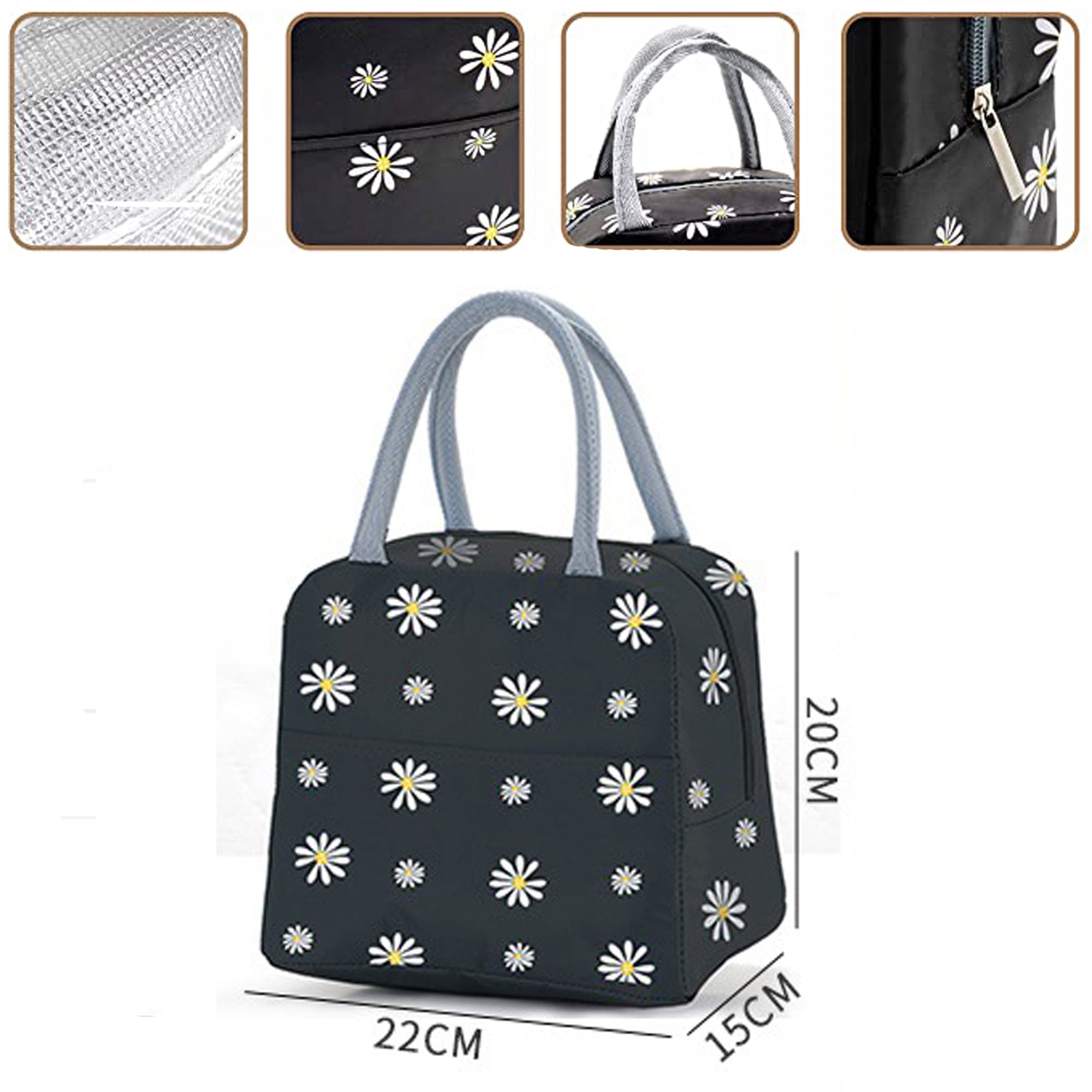 Daisy Print Lunch Bag, Portable Insulated Lunch Box Storage Bag