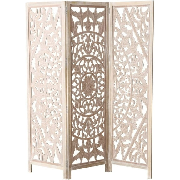 Daisy Mandala Room Divider, Carved Floral Motifs, 3 Panels, Natural Mango, White Wash, Distressed Finish, Wood Frame, Approx. 6 Feet Tall, (71.5 Inches)