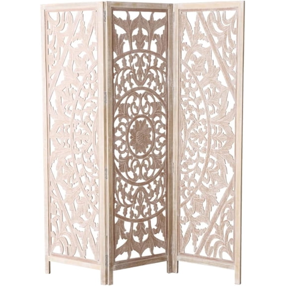 Daisy Mandala Room Divider, Carved Floral Motifs, 3 Panels, Natural Mango, White Wash, Distressed Finish, Wood Frame, Approx. 6 Feet Tall, (71.5 Inches)