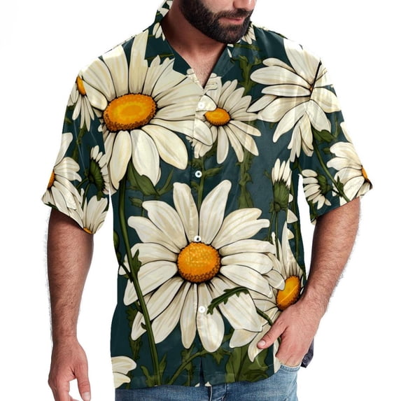 Daisy Men's Casual Printed Hawaiian Poplin Button Down Short Sleeve Beach Shirt Unisex