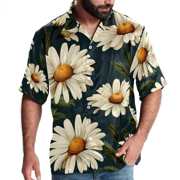 Daisy Men's Casual Short Sleeve Button Down Shirts - Printed Summer Beach Tops for Men and Women