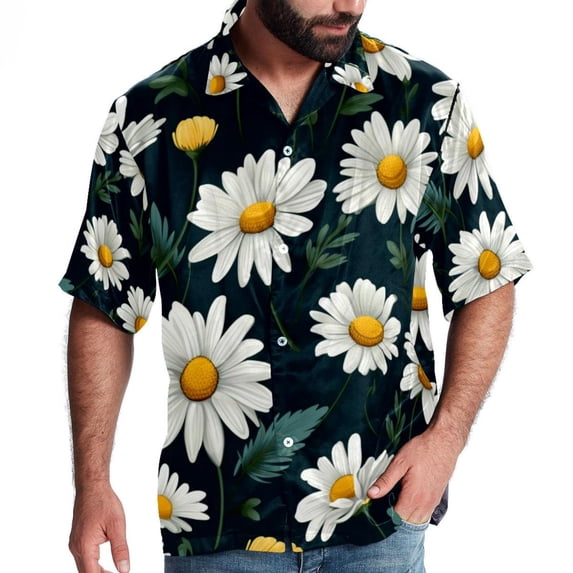 Daisy Men's Hawaiian Shirt, Button Down Poplin Short Sleeve Casual Summer Beach Printed Unisex Shirts