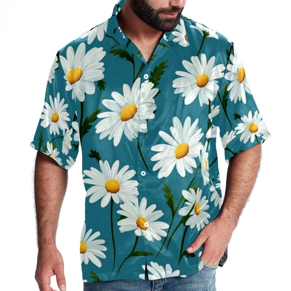 Daisy Men's Short Sleeve Hawaiian Shirt, Poplin Casual Printed Button Down, Summer Beach Unisex Shirts