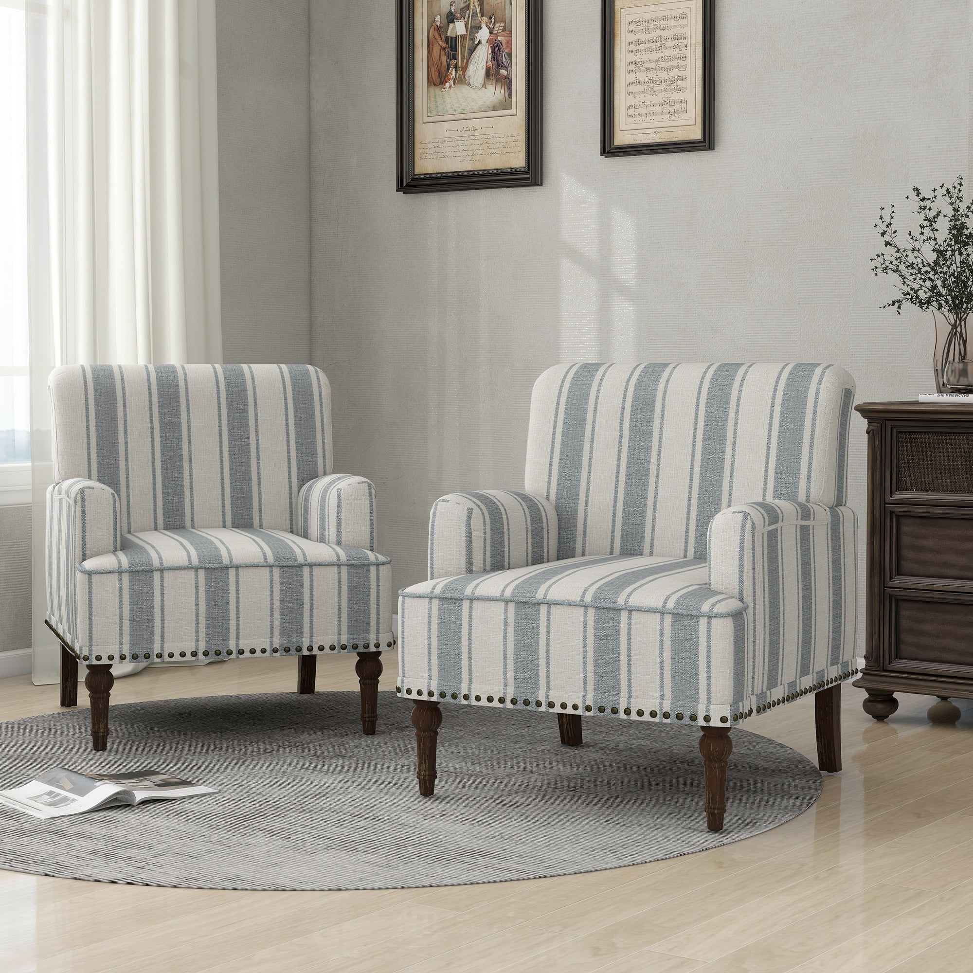Dark Blue Striped Cotton Fabric Barrel Accent Chair with Wood Legs