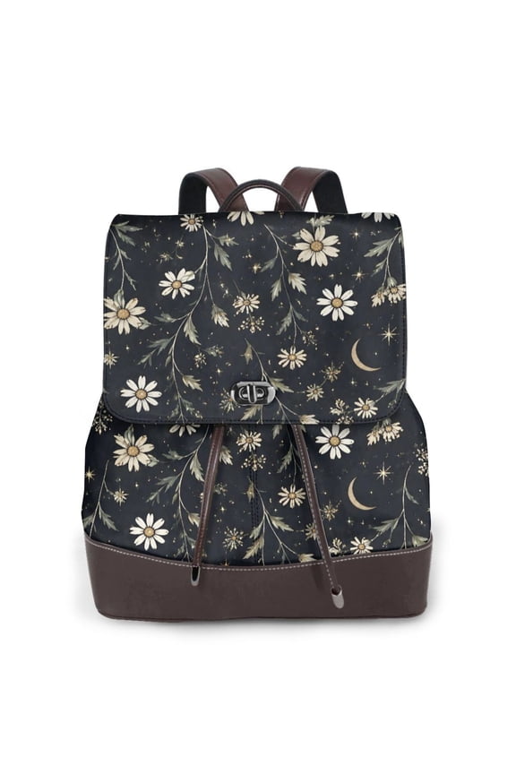 Daisy Moon Floral Women's Leather Backpack All-Over Print Bag for Work and Travel