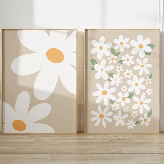 Daisy Nursery Wall Art Beige Daisies Boho Print Baby Girl Flower Preppy Art Set 2 Unframed Paper Print 8x12