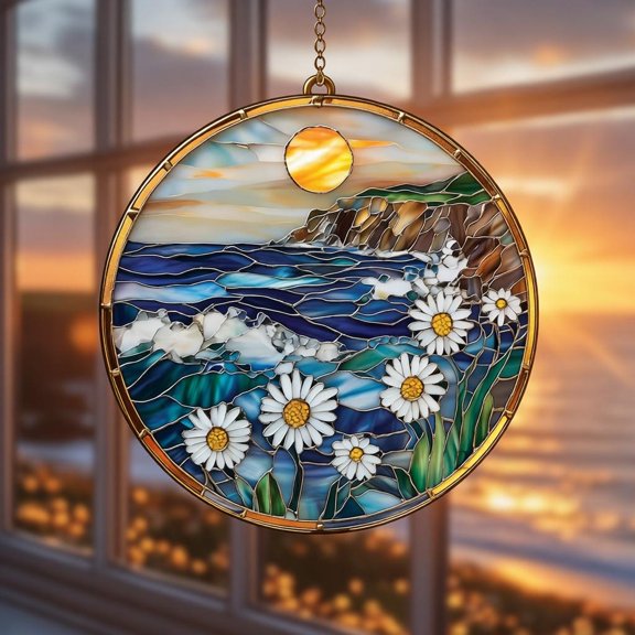 Daisy Ocean Sunset Coastal Cliff Acrylic Suncatcher Window Hanging Home Decor Gift Idea