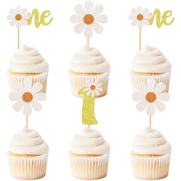 Daisy One Cupcake Toppers, Glitter Daisy Picks for Boho Groovy 1st Birthday, Baby Shower, Spring Flower Party Decor, 12 Pcs