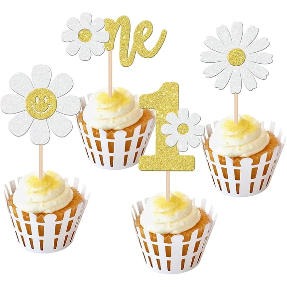 Daisy One Cupcake Toppers, Glitter Gold and White, 1st Birthday Groovy Boho Theme Party Decorations, 12 PCS