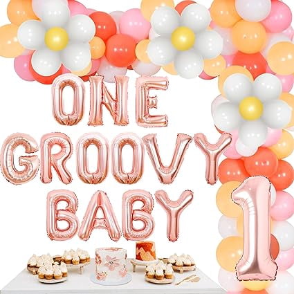 Daisy One Groovy Baby Balloon Garland Arch Kit for Girls 1st Birthday Party Decorations Retro Hippie Boho Rose Gold Pink White Balloon Party Decorations for Daisy Flower Birthday Party