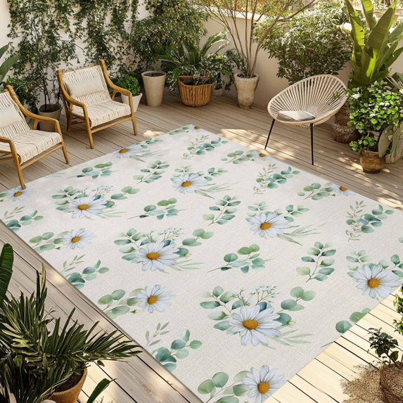 Daisy Outdoor Rug for Patio/Deck/Porch, Non-Slip Large Area Rug 3 x 5 Ft, Spring Flowers Eucalyptus Leaves Botanical Beige Indoor Outdoor Rugs Washable Area Rugs, Reversible Camping Rug Carpet Runner