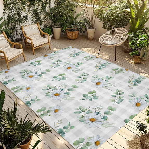 Daisy Outdoor Rug for Patio/Deck/Porch, Non-Slip Large Area Rug 4 x 6 Ft, Spring Eucalyptus Leaves Flowers Botanical Gray Plaid Indoor Outdoor Rugs Washable Area Rugs, Camping Rug Carpet Runner