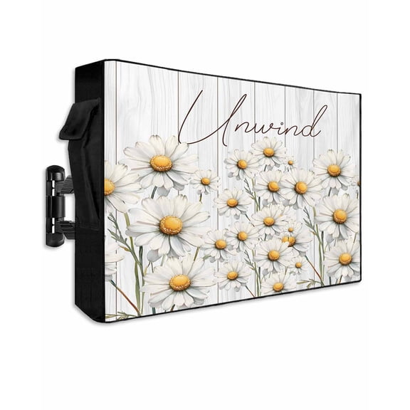 Daisy Outdoor TV Cover 30 to 32 inch Watercolor Flowers Vintage Wood Grain Waterproof Dustproof TV Covers for Outside with Zipper Remote Control Pocket Flat Screen Protectors