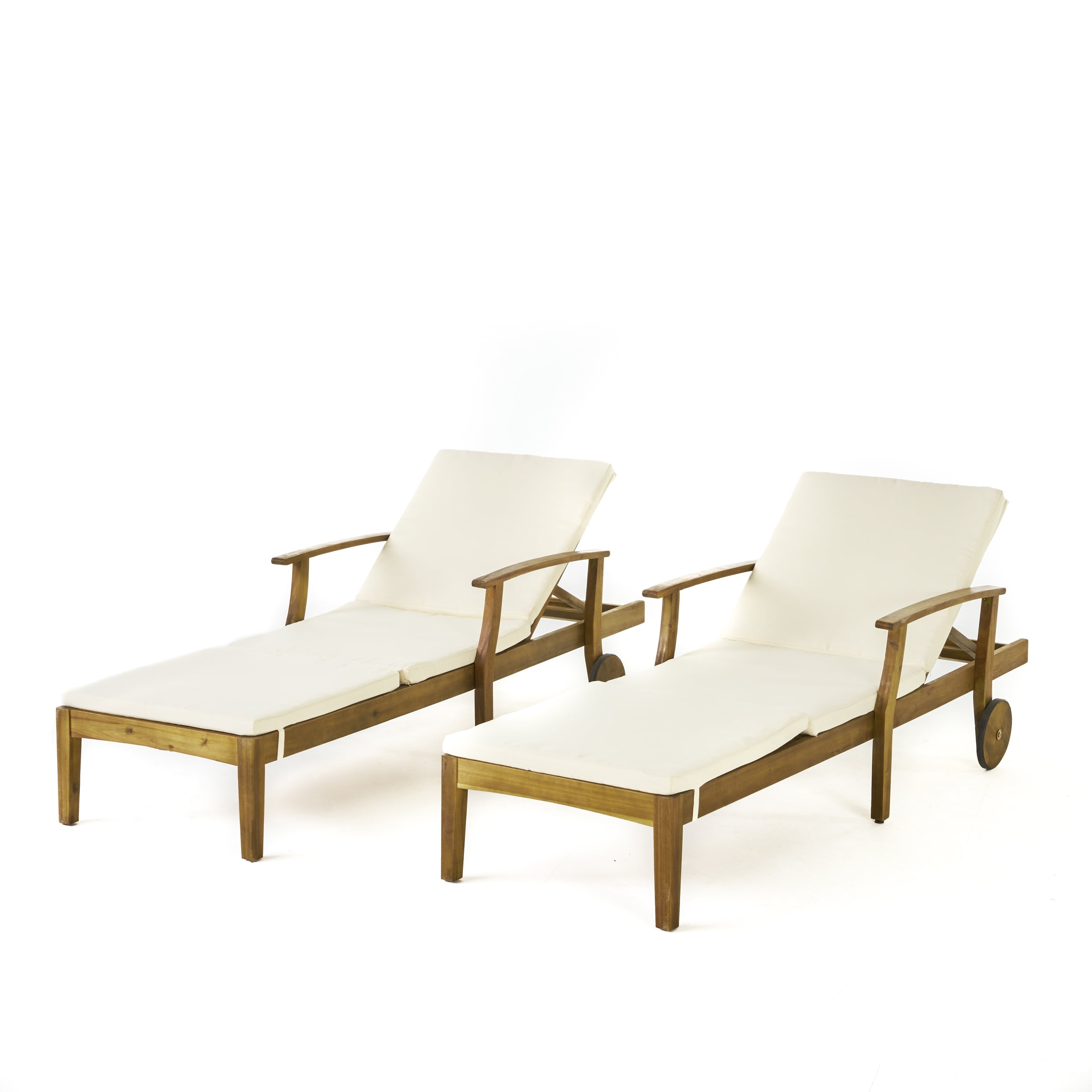 Teak Acacia Wood Chaise Lounge with Cream Cushions, Set of 2