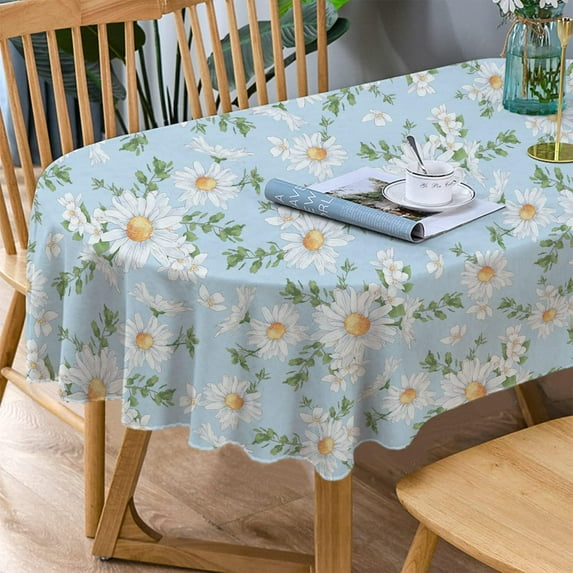 Daisy Oval Tablecloth, Blue Floral Oval Tablecloth, Sunflower Fabric Printed Oval Tablecloth, Spring Summer Waterproof Wrinkle Free Durable Tablecloth for Oval Tables 54 X 72 Inch