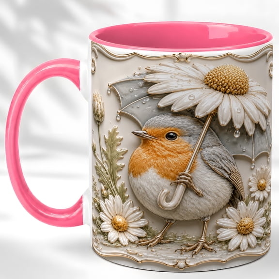 Daisy Parasol Bird Coffee Mug, Garden Robin Mug, Ceramic 11 oz