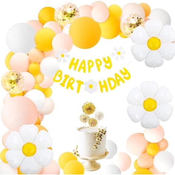 Daisy Party Decorations, Two Groovy Party Supplies with Happy Birthday Banner White and Yellow Daisy Balloons for Girls Birthday Baby Shower