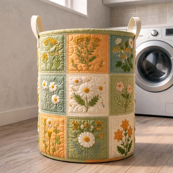 Daisy Patchwork Quilted Laundry Basket, with Handles, Foldable Clothes Hamper for Bedroom Storage