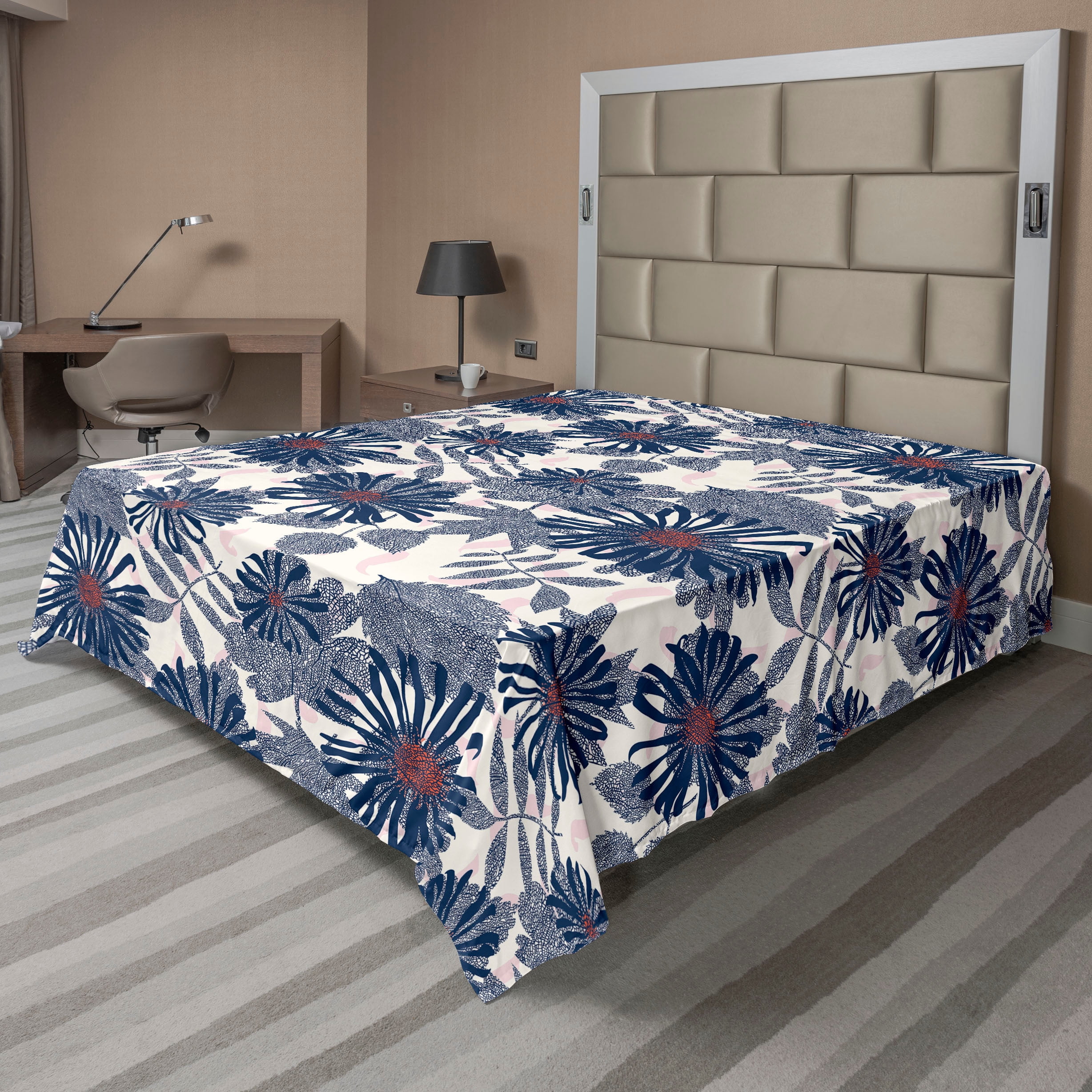 Daisy Pattern Flat Sheet, Jumble Striped Leaf Pattern with Floral