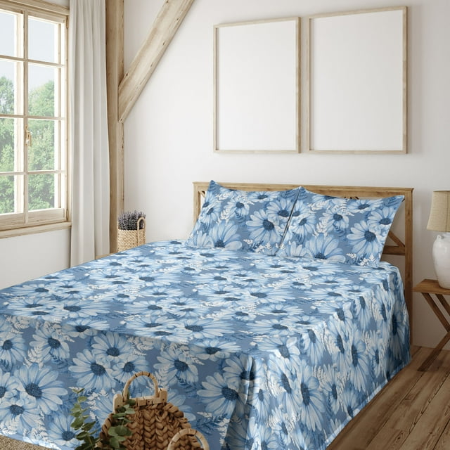Daisy Pattern Sheet Set, Winter Colors Chamomile Flowers Delicate Aura with Leaves Print, Fitted & Flat Sheet with Pillowcase Bedding Accent 4 Pcs Set, Full, Lavender Blue Blue Grey, by Ambesonne