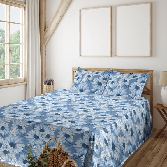 Daisy Pattern Sheet Set, Winter Colors Chamomile Flowers Delicate Aura with Leaves Print, Fitted & Flat Sheet with Pillowcase Bedding Accent 3 Pcs Set, Twin XL, Lavender Blue Blue Grey, by Ambesonne