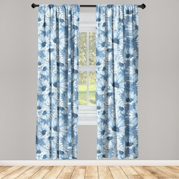 Daisy Pattern Window Curtains, Winter Colors Chamomile Flowers Delicate Aura with Leaves Print, Lightweight Decor 2-Panel Set with Rod Pocket, Pair of - 28"x63", Lavender Blue Blue Grey, by Ambesonne