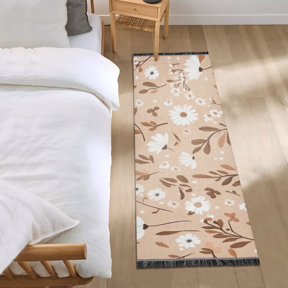 Daisy Pattern on Brown Background Bedroom Runner Rug 2'x 6' Non Slip Carpet Indoor Home Area Rug Living Room