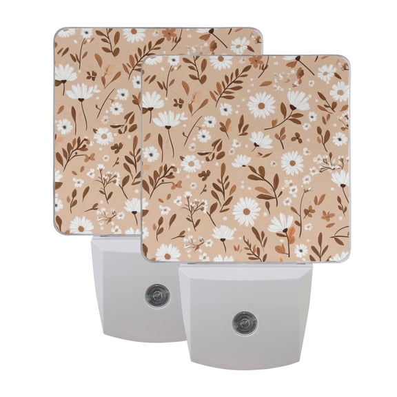 Daisy Pattern on Brown Background LED Night Light with Smart Sensor Plug Into Wall Dusk to Dawn 2 packs