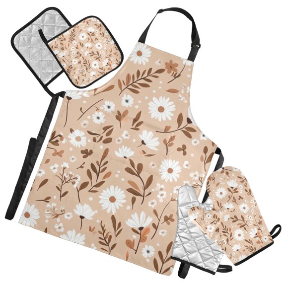 Daisy Pattern on Brown Background Oven Mitts and Pot Holders with Chef Apron Set 5 Pcs Kitchen Cooking Set