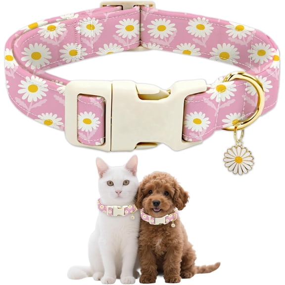 Daisy Patterned Dog Collar for Daily Pets Flowers Puppy Collars Pink Adjustable Soft Pet Scarf with Quick Release Buckle
