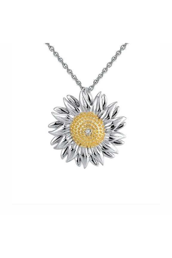 Daisy Pendant Necklace for Women Twp Tone Sterling Silver Clear Cz Ginger Lyne Collection