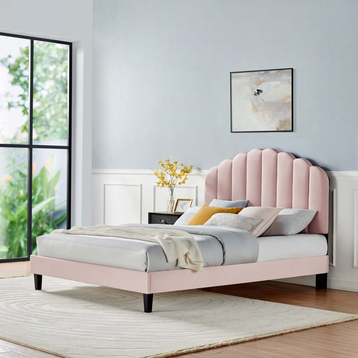 Pink Velvet Queen Platform Bed with Tufted Headboard