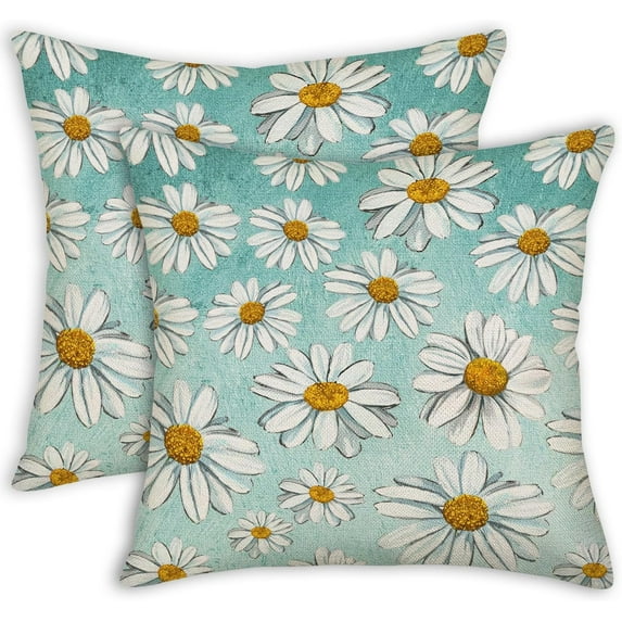 Daisy Pillow Covers 16x16 Set of 2 Farmhouse Spring Summer Daisies Floral Bloom Throw Pillows Spring Flower Decorative Pillow Cases Indoor Outdoor Cushion Cover for Home Couch Bed, Blue White