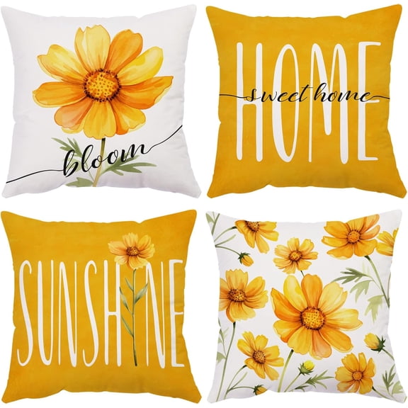 Daisy Pillow Covers 16x16 Set of 4 Soft Velvet Summer Throw Pillow Covers Yellow Flower Pillow Covers Cushion Covers Square Pillow Cases for Couch Sofa Patio Outdoor Home Decorations(16 )