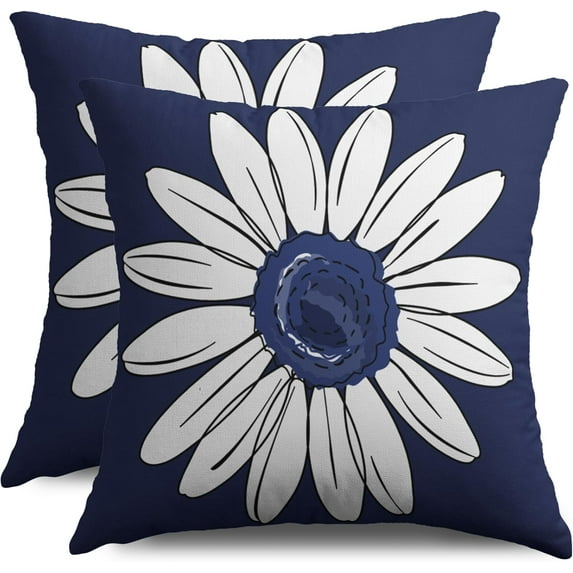 Daisy Pillow Covers 18X18 Set of 2, Navy Blue White Spring Summer Flower Print Decorative Throw Pillow Covers Outdoor Farmhouse Floral Seasonal Cushion Cases Couch Sofa Bed Decor