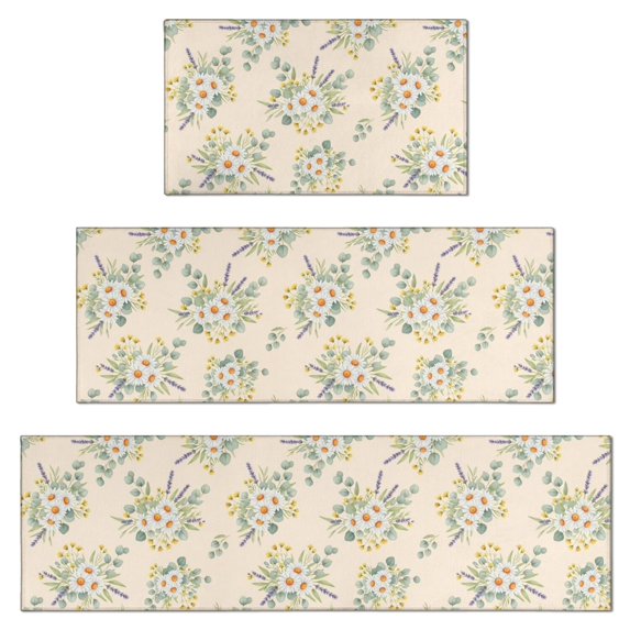 Daisy Pioneer Flower Beige Pattern Kitchen Rugs Set Of 3, Non Slip Washable Kitchen Runner Rugs, Decorative Floor Mats for Sink Laundry and Home Use, 17"x30" + 17"x47" + 17"x59"