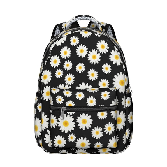 Daisy Pioneer Flower Black Pattern Backpack for School, Cute School Bag with Adjustable Shoulder Straps and Padded Back, 15.3"x11"x7.1"