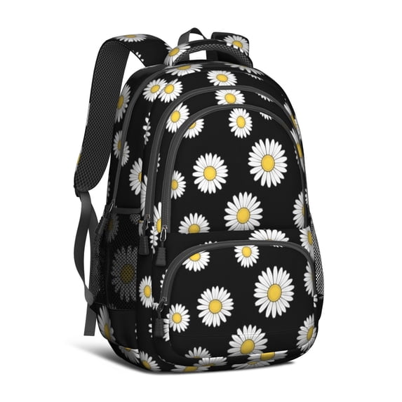 Daisy Pioneer Flower Black Pattern Backpack for School, Cute School Bag with Adjustable Shoulder Straps and Padded Back, 16.9"x12.6"x5.9"