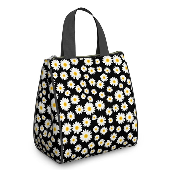 Daisy Pioneer Flower Black Pattern Insulated Lunch Bag for Women Men, Large Portable Soft Cooler Tote, Thermal Food Storage Bag with Pearl Cotton, 8.66L, 8.75"x5.75"x9.5"