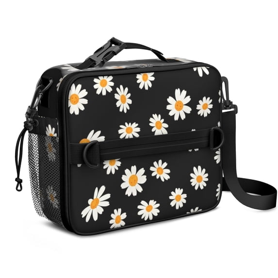 Daisy Pioneer Flower Black Pattern Insulated Lunch Bag with Shoulder Strap and Bottle Holder,Bento School Lunch Bag Box,11x9.5x3.5 Inches
