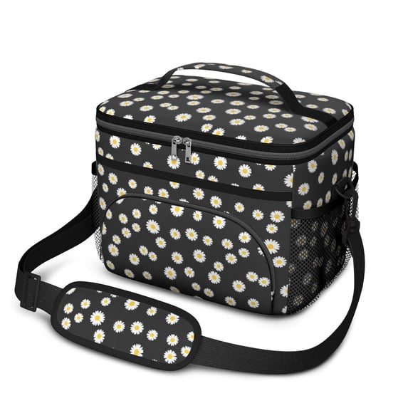 Daisy Pioneer Flower Black Pattern Insulated Lunch Box for Women Men, Medium Leakproof Cooler Bag with Adjustable Strap, 10"x6.7"x8"