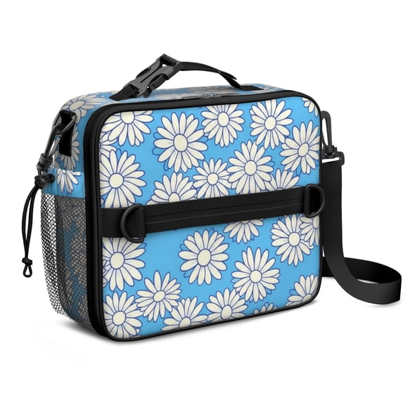 Daisy Pioneer Flower Blue Pattern Insulated Lunch Bag with Shoulder Strap and Bottle Holder,Bento School Lunch Bag Box,11x9.5x3.5 Inches