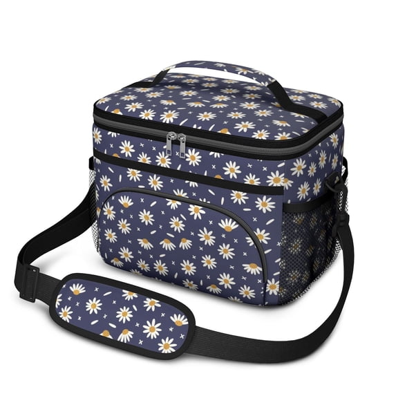 Daisy Pioneer Flower Blue Pattern Insulated Lunch Box for Women Men, Medium Leakproof Cooler Bag with Adjustable Strap, 10"x6.7"x8"