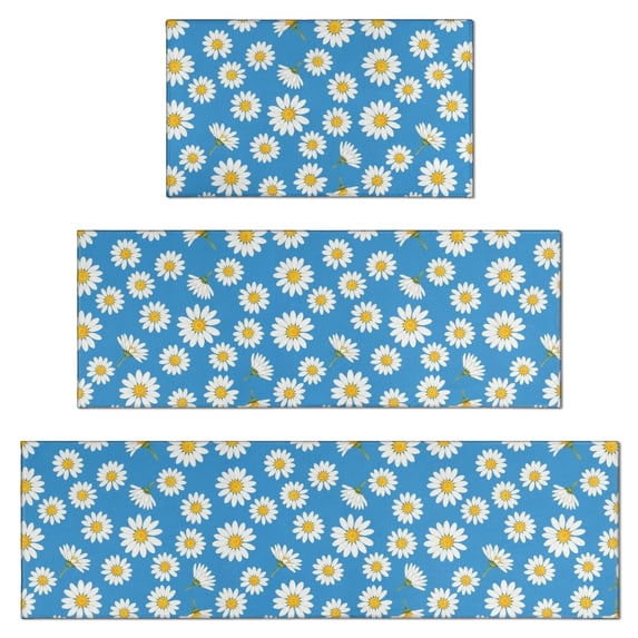 Daisy Pioneer Flower Blue Pattern Kitchen Rugs Set Of 3, Non Slip Washable Kitchen Runner Rugs, Decorative Floor Mats for Sink Laundry and Home Use, 17"x30" + 17"x47" + 17"x59"