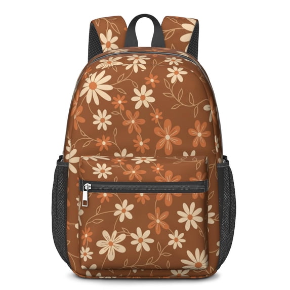 Daisy Pioneer Flower Brown Pattern 17" School Backpacks for Teens,Waterproof Oxford Fabric,S-Shape Padded Straps for School,Travel,Hiking,Camping