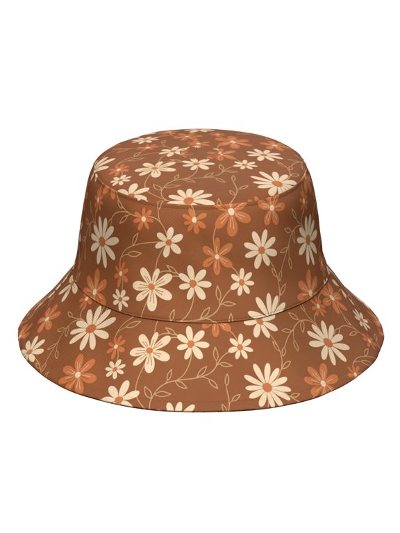 Daisy Pioneer Flower Brown Pattern Bucket Hat, Outdoor Sun Hat with Wide Brim & Breathable Fabric, Foldable Design Gifts for Unisex Men Women