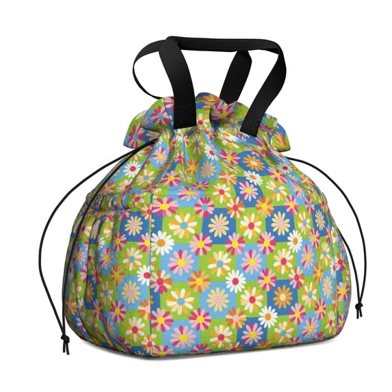 Daisy Pioneer Flower Drawstring Insulated Lunch Bag for Women, Stain-Resistant Large Lunch Tote with Multi-Pockets for Work Office