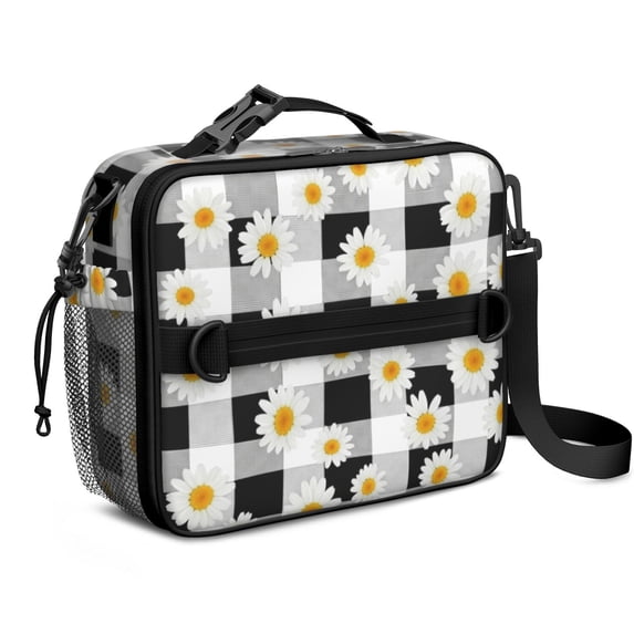 Daisy Pioneer Flower Gingham Pattern Insulated Lunch Bag with Shoulder Strap and Bottle Holder,Bento School Lunch Bag Box,11x9.5x3.5 Inches